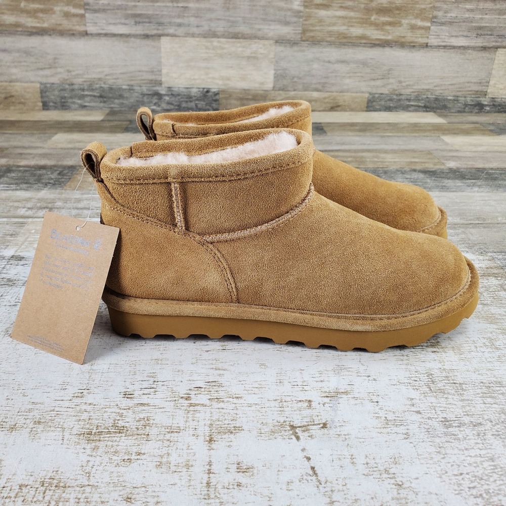 Bearpaw Shorty Womens Boots Sz 7 Iced Coffee Leather Faux Fur Slip On Round Toe
